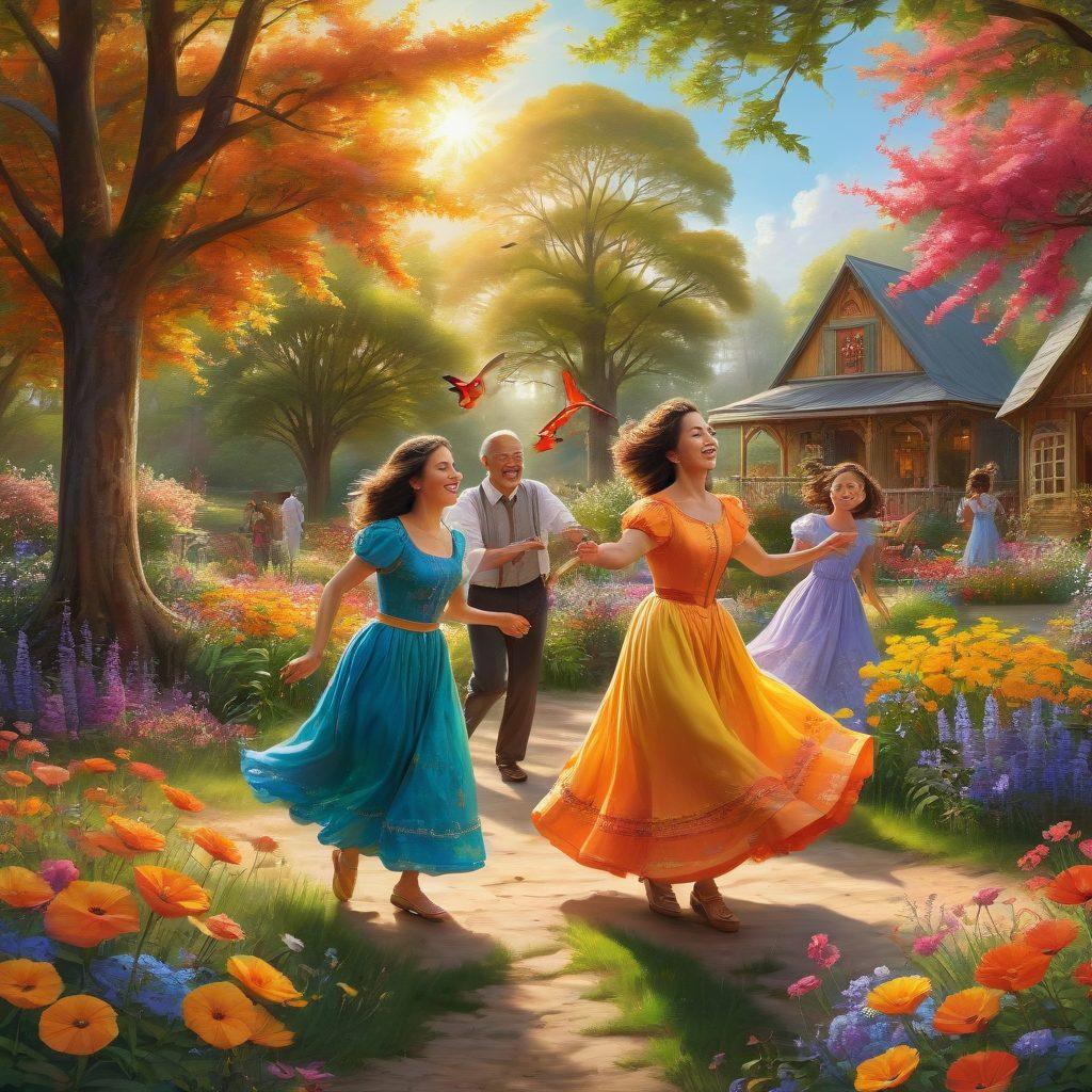 A whimsical scene depicting a diverse group of people joyfully engaging in various cheerful activities, surrounded by vibrant nature with colorful flowers, birds, and sunshine. A large, glowing key symbolizing 'Unlocking Joy' is central to the image, radiating warmth and happiness. The atmosphere is filled with laughter and harmony, showcasing the essence of living a blissful life. super-realistic. vibrant colors. sunny background.