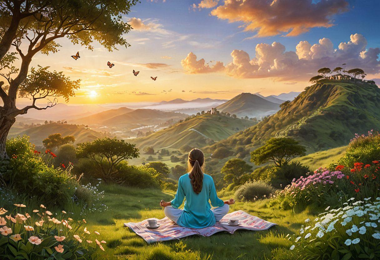 A serene landscape featuring a person meditating on a lush green hilltop during sunrise, surrounded by blooming flowers and vibrant butterflies. The sky is painted in soft pastel colors, symbolizing tranquility and joy. Include elements like a journal and a steaming cup of tea nearby, representing reflection and contentment. The scene exudes warmth and positivity. super-realistic. vibrant colors. peaceful atmosphere.